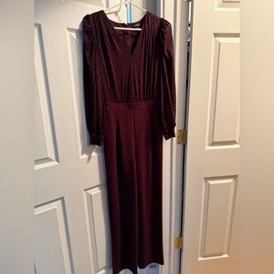 Express Burgundy Long-Sleeve Jumpsuit with Textured Bodice